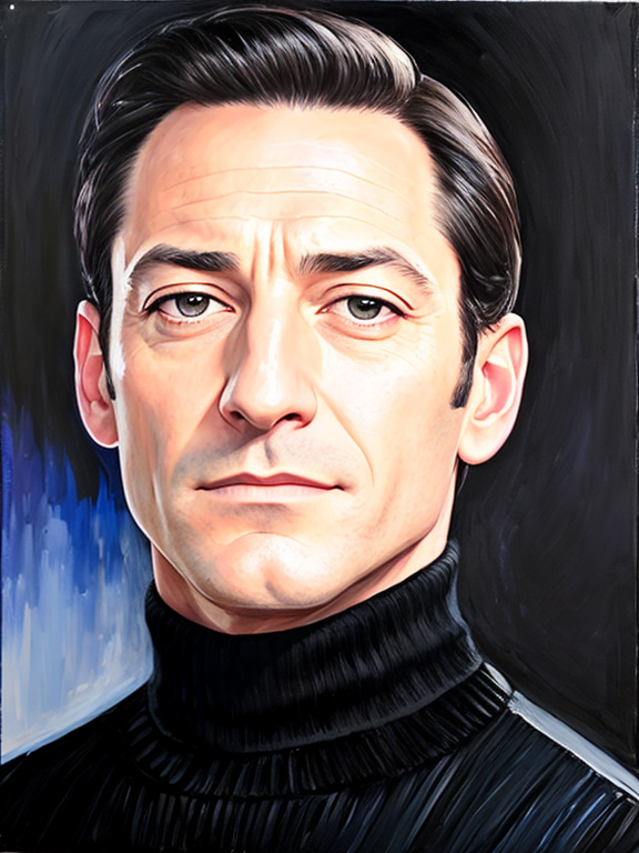 Jason Isaacs, strong jaw, square jaw, no facial hair, clean shaven, black hair, acrylic painting, black turtleneck, black pea coat, museum background