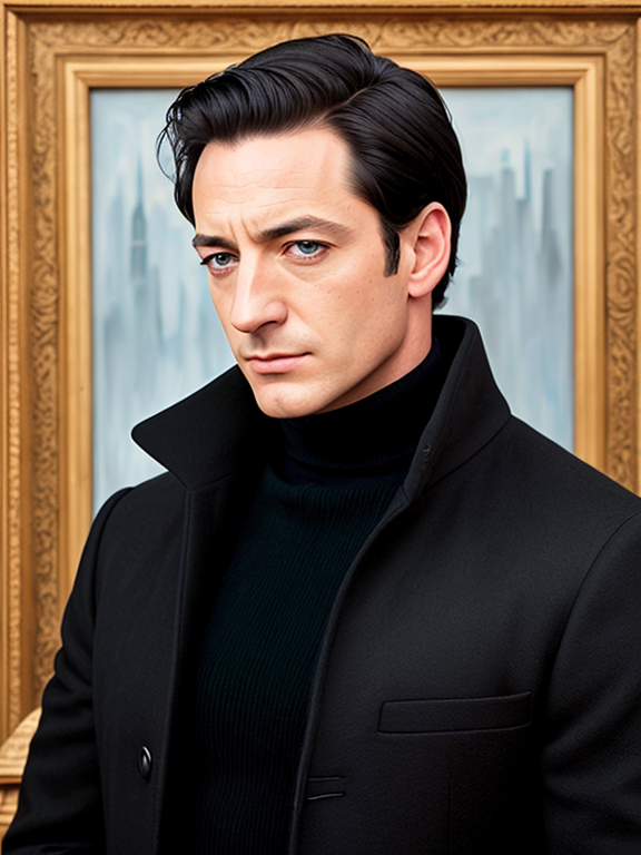 Young Jason Isaacs, strong jaw, square jaw, no facial hair, clean shaven, black hair, acrylic painting, black turtleneck, black pea coat, museum background