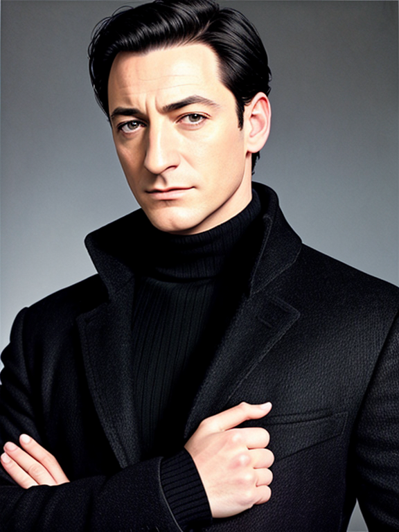 Young Jason Isaacs, strong jaw, square jaw, no facial hair, clean shaven, black hair, acrylic painting, black turtleneck, black pea coat, museum background