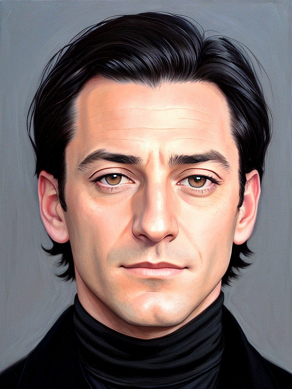 Young Jason Isaacs, strong jaw, square jaw, no facial hair, clean shaven, dark circles under eyes, black hair, acrylic painting, black turtleneck, black pea coat, museum background