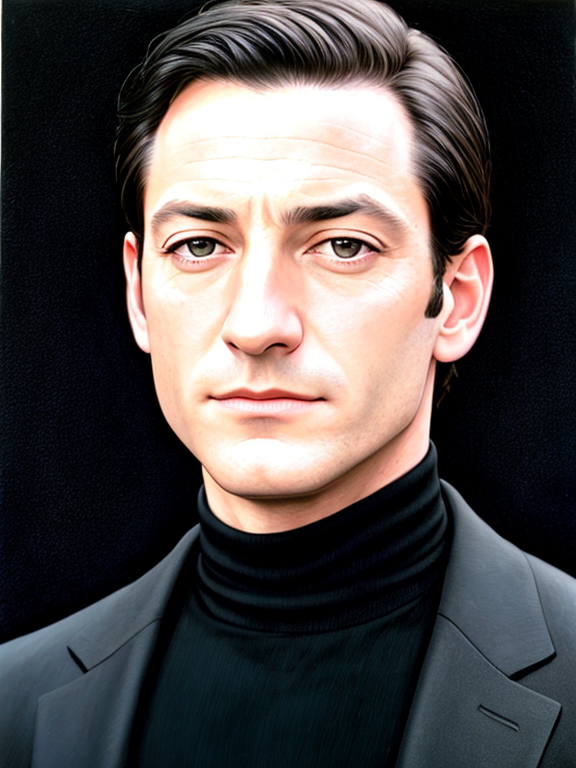 Young Jason Isaacs, strong jaw, square jaw, no facial hair, clean shaven, dark circles under eyes, black hair, acrylic painting, black turtleneck, black pea coat, museum background