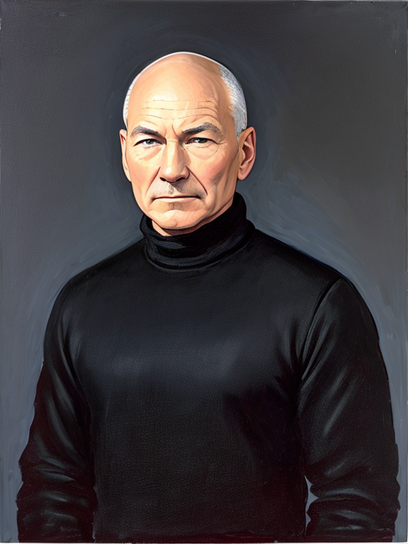 Patrick Stewart, strong jaw, square jaw, no facial hair, clean shaven, dark circles under eyes, black hair, acrylic painting, black turtleneck, black pea coat, museum background