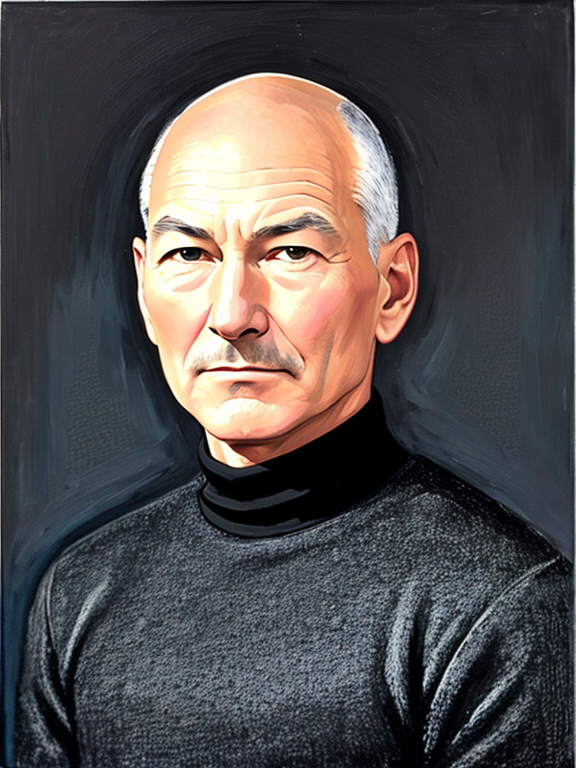 Patrick Stewart, strong jaw, square jaw, no facial hair, clean shaven, dark circles under eyes, black hair, acrylic painting, black turtleneck, black pea coat, museum background