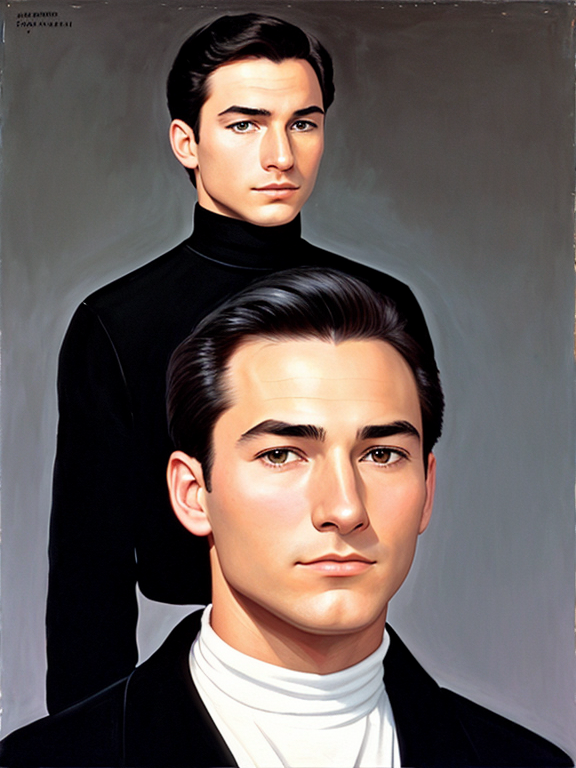 Young Patrick Stewart, strong jaw, square jaw, no facial hair, clean shaven, dark circles under eyes, black hair, acrylic painting, black turtleneck, black pea coat, museum background