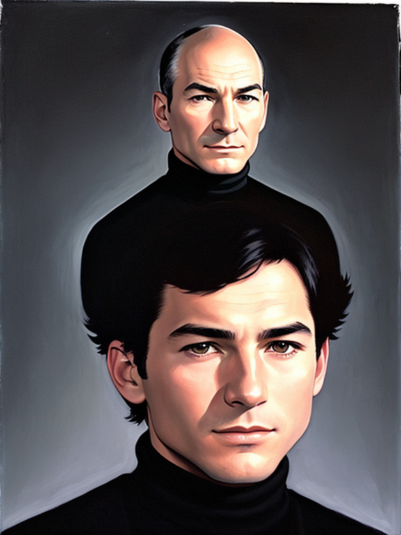 Young Patrick Stewart, strong jaw, square jaw, no facial hair, clean shaven, dark circles under eyes, black hair, acrylic painting, black turtleneck, black pea coat, museum background