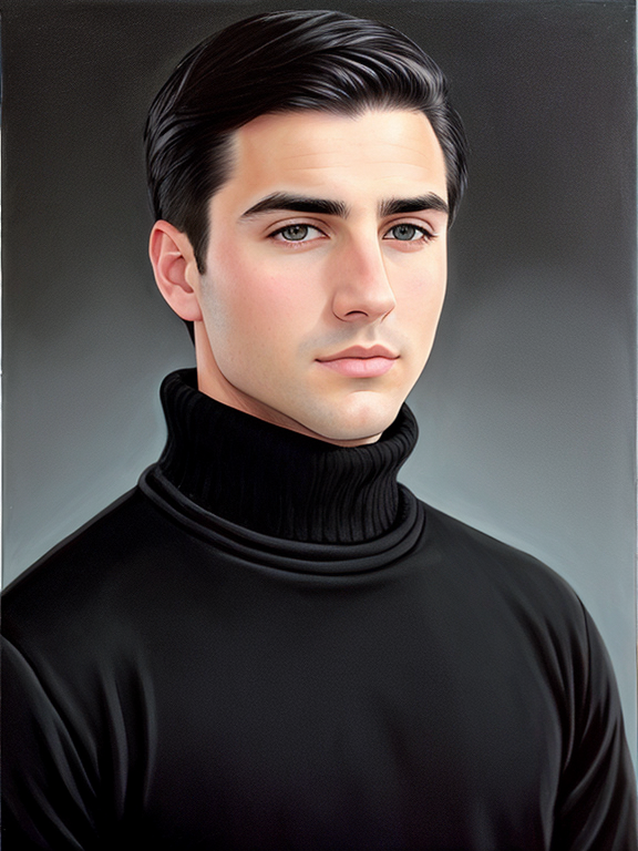 Kyle Mclaughlin, strong jaw, square jaw, no facial hair, clean shaven, dark circles under eyes, black hair, acrylic painting, black turtleneck, black pea coat, museum background