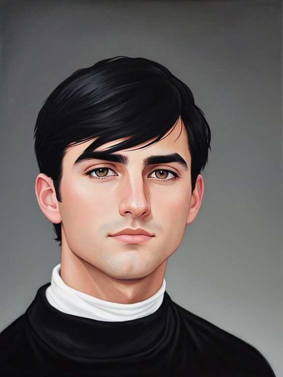 Kyle Mclaughlin, strong jaw, square jaw, no facial hair, clean shaven, dark circles under eyes, black hair, acrylic painting, black turtleneck, black pea coat, museum background
