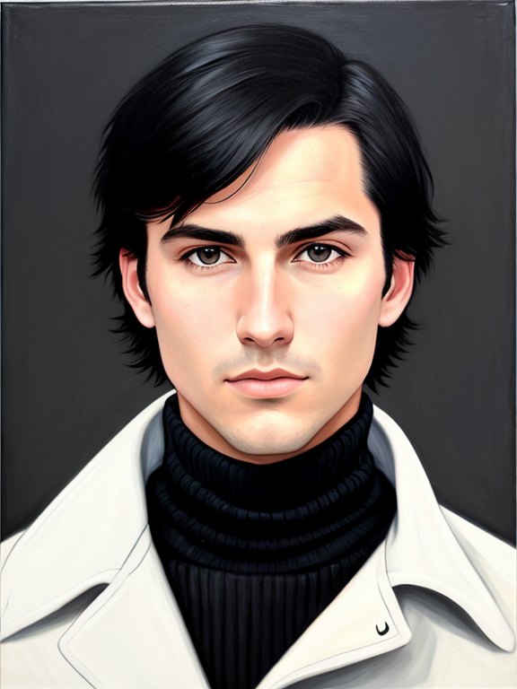 Timothy Chalmette, strong jaw, square jaw, no facial hair, clean shaven, dark circles under eyes, black hair, acrylic painting, black turtleneck, black pea coat, museum background