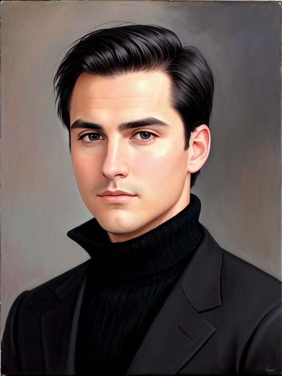 Timothy Chalmette, strong jaw, square jaw, no facial hair, clean shaven, dark circles under eyes, black hair, acrylic painting, black turtleneck, black pea coat, museum background