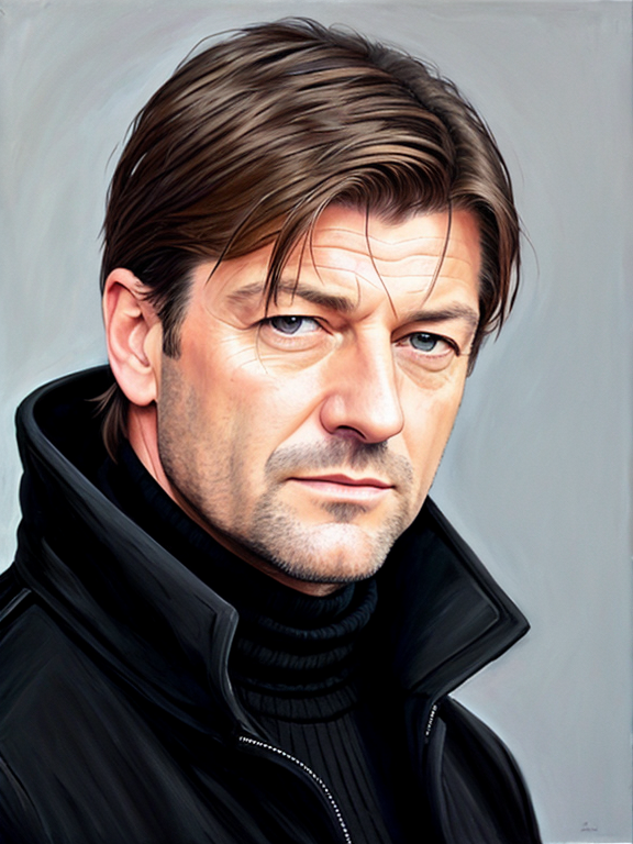 Sean Bean, strong jaw, square jaw, no facial hair, clean shaven, dark circles under eyes, black hair, acrylic painting, black turtleneck, black pea coat, museum background