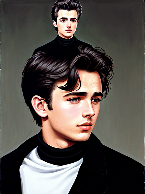 Young James Dean, dark circles under eyes, acrylic painting, black turtleneck, black pea coat, museum background