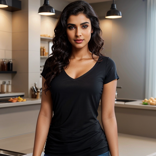 a photo of a beautiful, cute, Beautiful Indian woman with beautiful dreamy eyes, moist lips, faint smile, simple black v neck shirt, black wavy hair, 3D rendering, professional lighting, high quality, vibrant colors, elegant pose, stunning facial features, traditional beauty, professional quality, standing behind the counter, blue eyes, shiny skin, freckles, detailed skin, price labels, a masterpiece