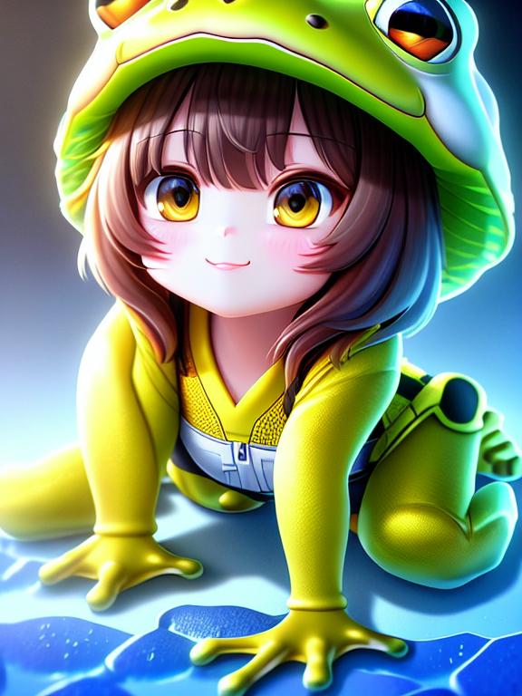 64K UHD HDR Realistic Detailed Kawaii Korean Actress Jeon So-min, Bright Brown Eyes, Dark Hair, 3d Isometric Render, Ambient Occlusion, Wearing Frog Hat, Pixar, Disney, concept art, 3d digital art, Maya 3D, ZBrush Central 3D shading, bright colored background, radial gradient background, cinematic, Reimagined by industrial light and magic, 4k resolution post processing, Bangs, in a jungle