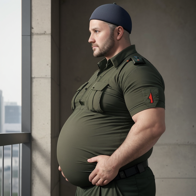 a photo of a 35 years old man, A boy with a big round bloated belly with a ripping shirt, wearing prayer cap, hyperrealistic, profile pic, wearing an army suit, Look into camera