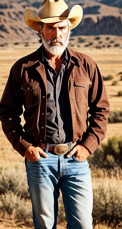 A mature cowboy standing in cowboy outfit. He has dominant eyes and a beard