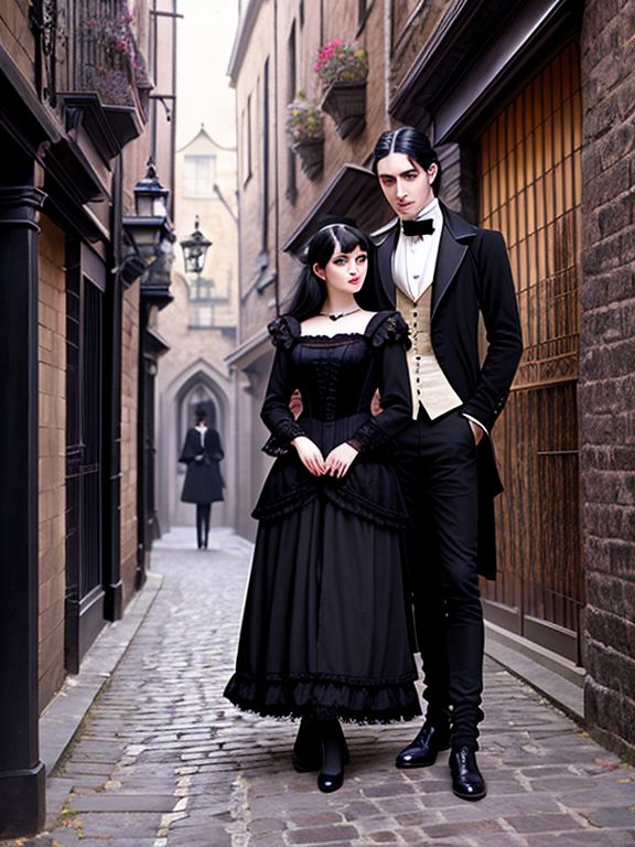 A man and his woman partner in Victorian Gothic dress at the