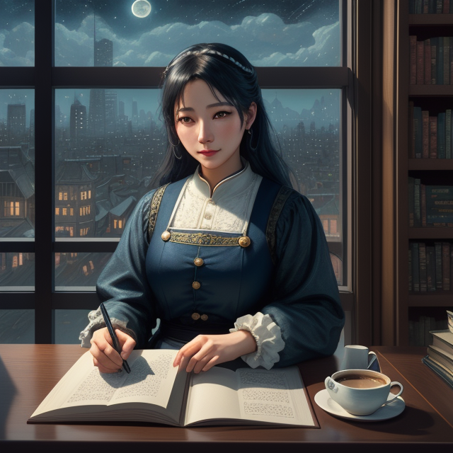 Window pane, skyline, city view, open book, books, a cup of coffee, cookies, moon, time lapse, swirling night sky by Van Gogh, fantasy, dreamlike, 4k, symmetrical, intricate details, highly detailed, by ross tran, wlop, artgerm and james jean, Brian Froud, art illustration by Miho Hirano, Neimy Kanani, highly detailed, vibrant, TanvirTamim, rendered in unreal engine, photorealistic, trending on artstation, sharp focus, studio photo, Atey Ghailan and Beatrix Potter