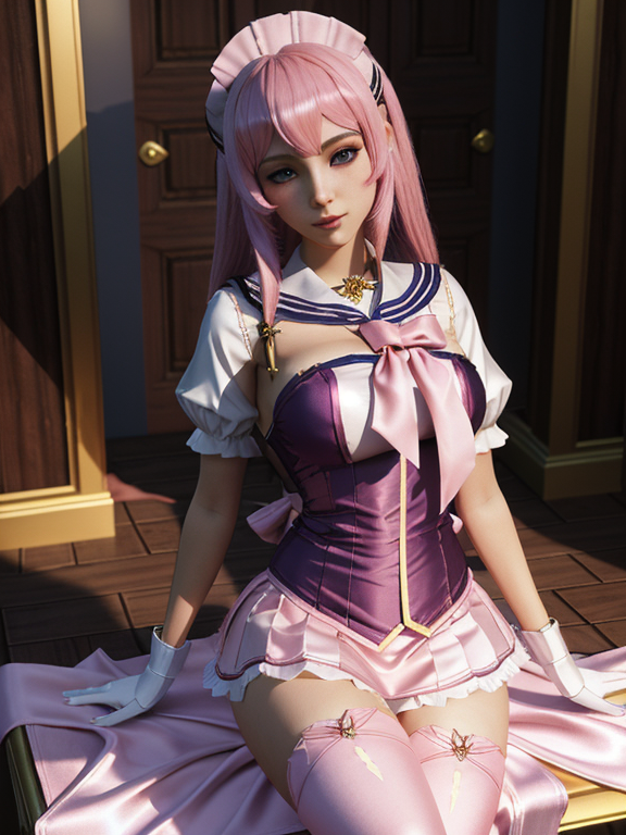 beautiful girl seraphine from league of legends wearing a silk tight sailor outfit, maid outfit, high quality, better quality, artstation, 3D art, tight, thight, pink hair, blush