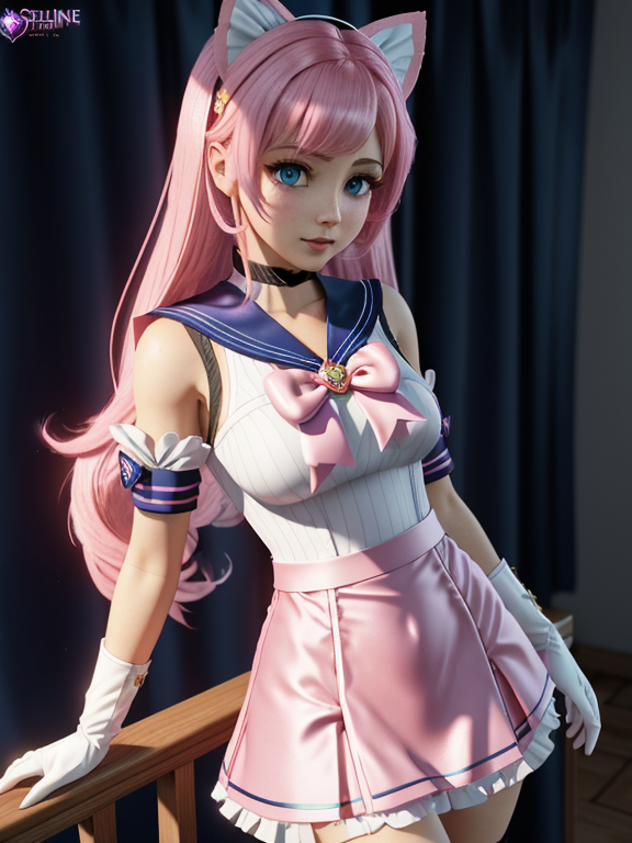 beautiful girl seraphine from league of legends wearing a silk tight sailor outfit, beautiful girl, beautiful sailor outfit, tight sailor outfit, artstation, 4K, high quality, best quality, pink hair, blue eyes, small dress, mini skirt, gloves, full body,  silk sailor outfit, SAILOR MOON STYLE, SHOUJO, SHOUJO STYLE, maid outfit, high quality, better quality, artstation, 3D art, tight, thight, pink hair, blush