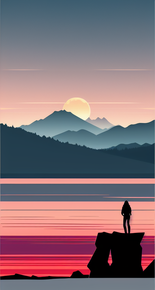 Paz, with silhouette of full moon, sharp edges, at sunset, with heavy fog in air, vector style, horizon silhouette Landscape wallpaper by Alena Aenami, firewatch game style, vector style background