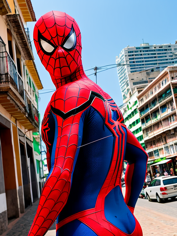 Create an realistic image of a Brazilian spider man with a Brazilian suit at Salvador, Bahia, Brasil