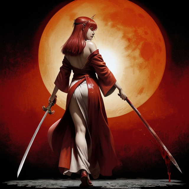 An drawing illustration, 2d art, abstract art, ,blood red theme, from back, noir theme, full body, Arima Kana from Oshi no ko. She is a cute girl having an innocent face. She has pinkish-red hair and red eyes looks like galaxy and shoulder-length hair with blunt bangs. She wears the white robes of an ancient Egyptian priest, with a star-studded necklace on her head. She wields the staff of the sun. Her face was radiant and sparkling with joy., floating katana with blood dripping beside her, sword in hand, walking away in an old town, red blood splatter, dark night in street, red moon, tom richmond illustration, classic vibe
