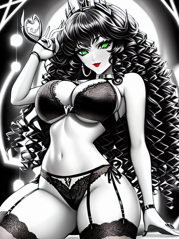 black and white, coloring page, Create a Devil women with big Black curly hair, big boobs, Tiny Sexy Lingerie, bloody red lipstick, dark style with Green eyes dark eyeliner Rocker Queen gothic heart neckless sculpture body model slut sensual pole dance  , full body, profile, white background, in the style of Charlie Bowater, digital illustration, with beautiful eyes and full blonde curly hair, coloring page, flawless line art
