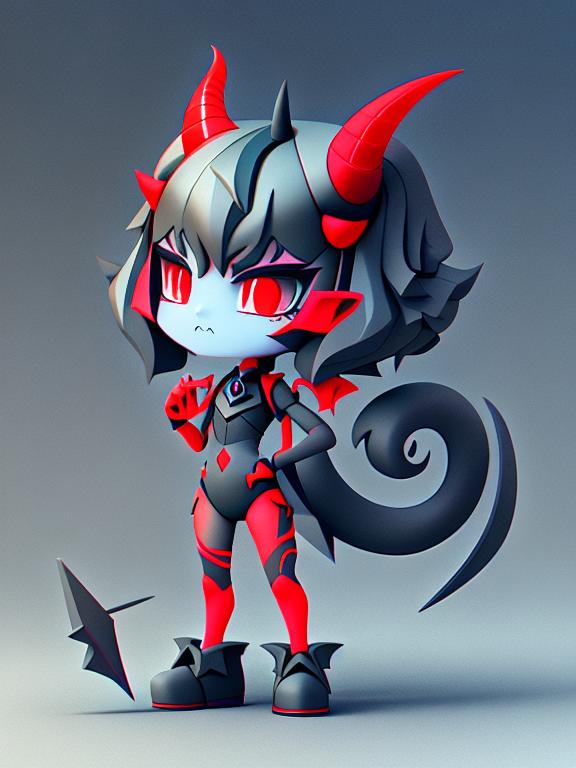 cute serious demon, with black hair, two horns, black clothes, red skin tone, demon tail and glooves, standing character, soft smooth lighting, soft pastel colors, Scottie young, 3d blender render, polycount, modular constructivism, pop surrealism, physically based rendering, square image, Tiny cute