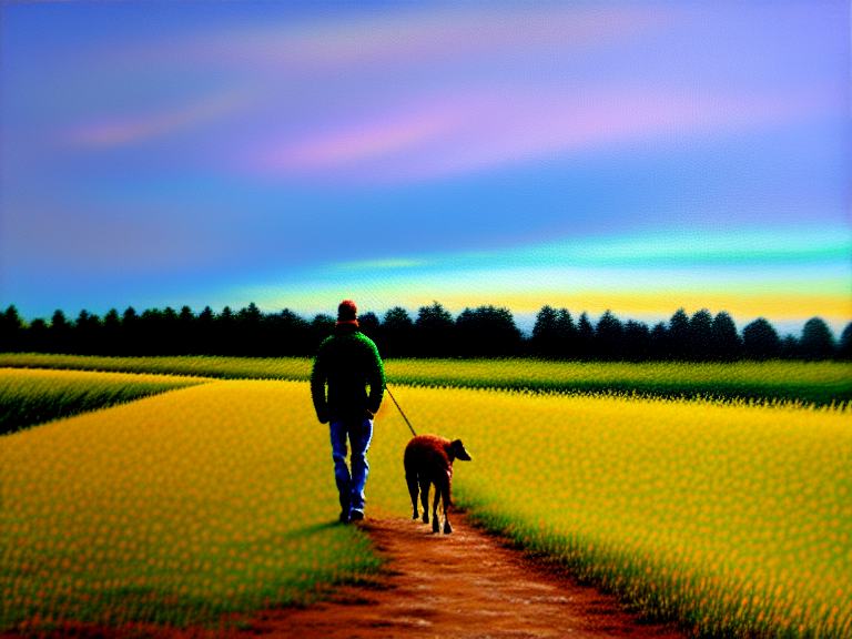 person walking dog in green open area, oil painting, art by Alla Prima style, highly detailed, ((highest quality)), Black ink, pastel painting, sunfall