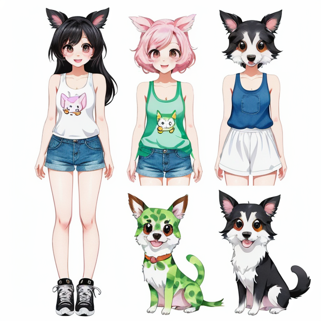 MossMania dog rescue and rehoming tank top design, nice art, well hand-drawn art, colorful, Small body, Cute animal, Cute clothing, Full body, Cute Eyes, Cute expressions, Storybook style, Character Design, Illustrator, Digital watercolor, White background, Cartoon style, Kawaii, white background, one single character, pokemon style