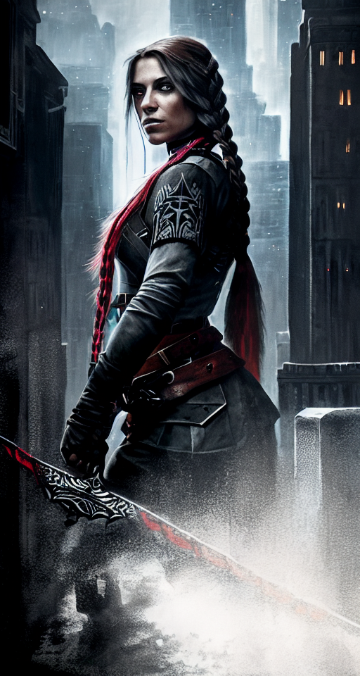 A (((female assassin))) with long, dark red hair tied into a single (((braid))), and piercing, (((dark grey eyes))), dressed in shades of midnight black, poised atop a (tall building) in a fabled, urban fantasy realm under a starry night sky, with a sharp dagger in her hands. , Assassin, (((Dark and moody color palette))), Gently blended oil paint with high details, 8k wallpaper