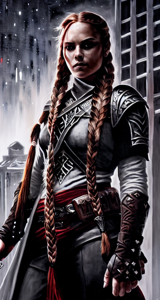 A (((female assassin))) with long, dark red hair tied into a single (((braid))), and piercing, (((dark grey eyes))), dressed in shades of midnight black, poised atop a (tall building) in a fabled, urban fantasy realm under a starry night sky, with a sharp dagger in her hands. , Assassin, (((Dark and moody color palette))), Gently blended oil paint with high details, 8k wallpaper