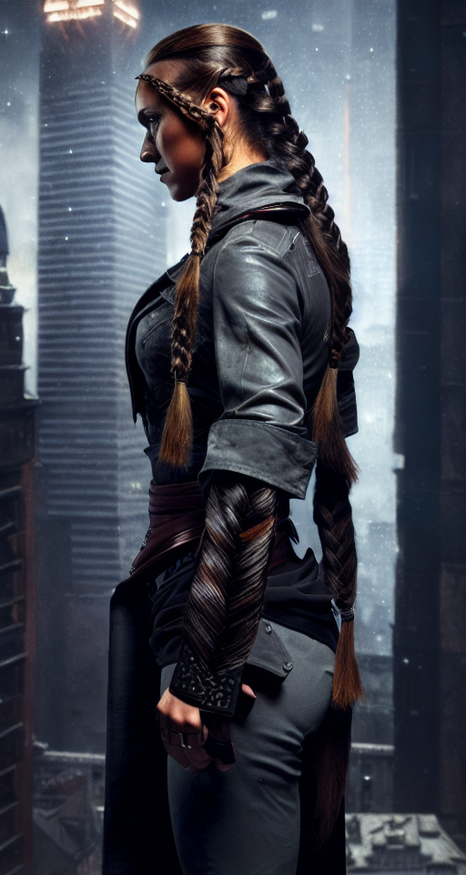 A (((female assassin))) with long, dark red hair tied into a single (((braid))), and piercing, (((dark grey eyes))), dressed in shades of midnight black, poised atop a (tall building) in a fabled, urban fantasy realm under a starry night sky, with a sharp dagger in her hands. , Assassin, (((Dark and moody color palette))), 8k wallpaper, Gently blended oil paint with high details, Pretty woman