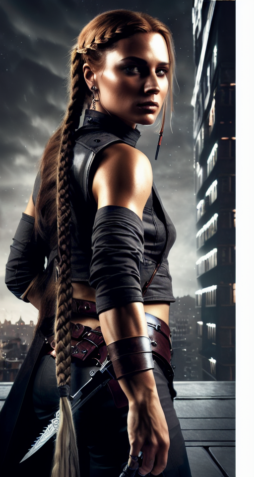 A (((female assassin))) with long, dark red hair tied into a single (((braid))), and piercing, (((dark grey eyes))), dressed in shades of midnight black, poised atop a (tall building) in a fabled, urban fantasy realm under a starry night sky, with a sharp dagger in her hands. , Assassin, (((Dark and moody color palette))), 8k wallpaper, Gently blended oil paint with high details, Pretty woman