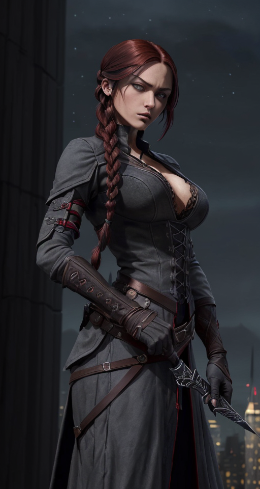 A (((female assassin))) with long, dark red hair tied into a (((single braid))), and piercing, (((dark grey eyes))), dressed in shades of midnight black, poised atop a (tall building) in a fabled, urban fantasy realm under a starry night sky, with a sharp dagger in her hands. , Assassin, (((Dark and moody color palette))), 8k wallpaper, Gently blended oil paint with high details, Pretty woman