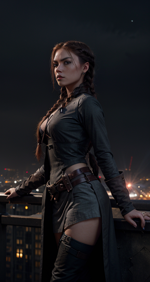 A (((female assassin))) with long, dark red hair tied into a (((single braid))), and piercing, (((dark grey eyes))), dressed in shades of midnight black, poised atop a (tall building) in a fabled, urban fantasy realm under a starry night sky, with a sharp dagger in her hands. , Assassin, (((Dark and moody color palette))), 8k wallpaper, Gently blended oil paint with high details, Pretty woman