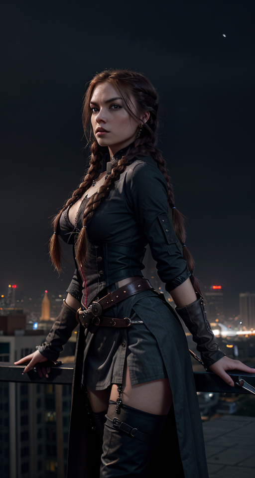A (((female assassin))) with long, dark red hair tied into a (((single braid))), and piercing, (((dark grey eyes))), dressed in shades of midnight black semi-fantasy clothing, poised atop a (tall building) in a fabled, urban fantasy realm under a starry night sky, with a sharp dagger in her hands. , Assassin, (((Dark and moody color palette))), 8k wallpaper, Gently blended oil paint with high details, Pretty woman