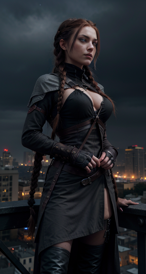 A (((female assassin))) with long, dark red hair tied into a (((single braid))), and piercing, (((dark grey eyes))), dressed in shades of midnight black semi-fantasy clothing, poised atop a (tall building) in a fabled, urban fantasy realm under a starry night sky, with a sharp dagger in her hands. , Assassin, (((Dark and moody color palette))), 8k wallpaper, Gently blended oil paint with high details, Pretty woman