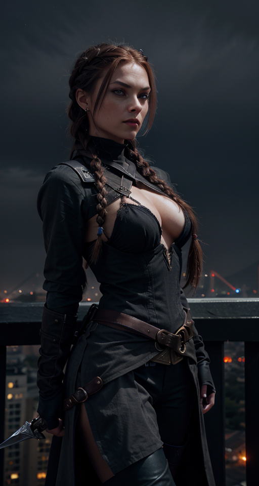 Close view of A (((female assassin))) with long, dark red hair tied into a (((single braid))), and piercing, (((dark grey eyes))), dressed in shades of midnight black semi-fantasy clothing, poised atop a (tall building) in a fabled, urban fantasy realm under a starry night sky, with a sharp dagger in her hands. , Assassin, (((Dark and moody color palette))), 8k wallpaper, Gently blended oil paint with high details, Pretty woman