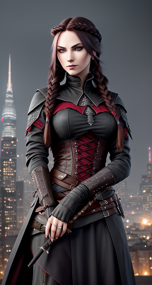 Portrait of A (((female assassin))) with long, dark red hair tied into a (((single braid))), and piercing, (((dark grey eyes))), dressed in shades of midnight black semi-fantasy clothing, poised atop a (tall building) in a fabled, urban fantasy realm under a starry night sky, with a sharp dagger in her hands. , Assassin, (((Dark and moody color palette))), 8k wallpaper, Gently blended oil paint with high details, Pretty woman