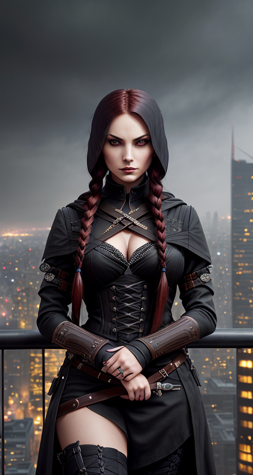 Portrait of A (((female assassin))) with long, dark red hair tied into a (((single braid))), and piercing, (((dark grey eyes))), dressed in shades of midnight black semi-fantasy clothing, poised atop a (tall building) in a fabled, urban fantasy realm under a starry night sky, with a sharp dagger in her hands. , Assassin, (((Dark and moody color palette))), 8k wallpaper, Gently blended oil paint with high details, Pretty woman