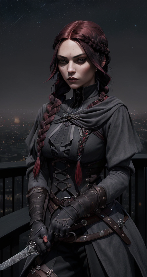 Portrait of A (((female assassin))) with long, dark red hair tied into a (((single braid))), and piercing, (((dark grey eyes))), dressed in shades of midnight black semi-fantasy clothing, poised atop a (tall building) in a fabled, urban fantasy realm under a starry night sky, with a sharp dagger in her hands. , Assassin, (((Dark and moody color palette))), Dark color palette, 8k wallpaper, Gently blended oil paint with high details, Pretty woman