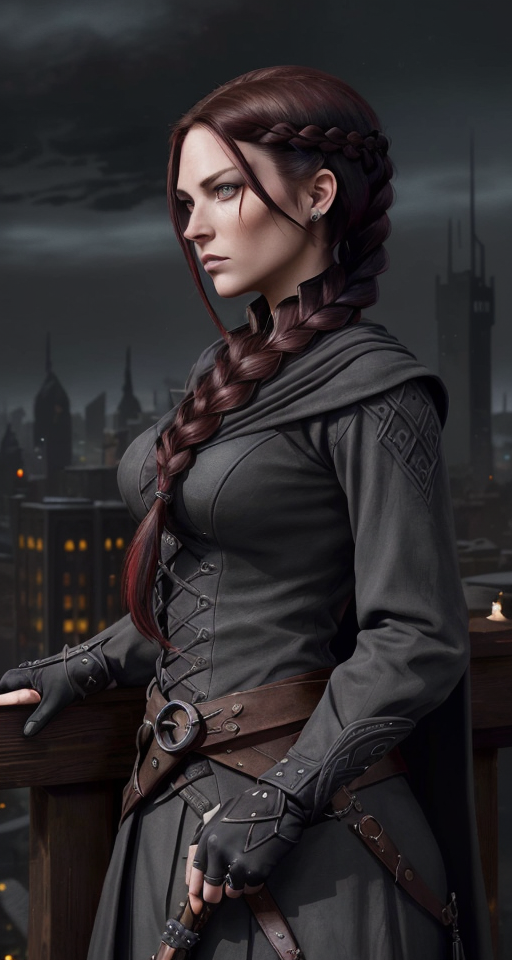 Portrait of A (((female assassin))) with long, dark red hair tied into a (((single braid))), and piercing, (((dark grey eyes))), dressed in shades of midnight black semi-fantasy clothing, poised atop a (tall building) in a fabled, urban fantasy realm under a starry night sky, with a sharp dagger in her hands. , Assassin, (((Dark and moody color palette))), Dark color palette, 8k wallpaper, Gently blended oil paint with high details, Pretty woman
