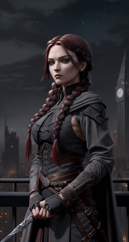 Portrait of A (((female assassin))) with long, dark red hair tied into a (((single braid))), and piercing, (((dark grey eyes))), dressed in shades of midnight black semi-fantasy clothing, poised atop a (tall building) in a fabled, urban fantasy realm under a starry night sky, with a sharp dagger in her hands. , Assassin, (((Dark and moody color palette))), Dark color palette, Gently blended oil paint with high details, 8k wallpaper, Pretty woman