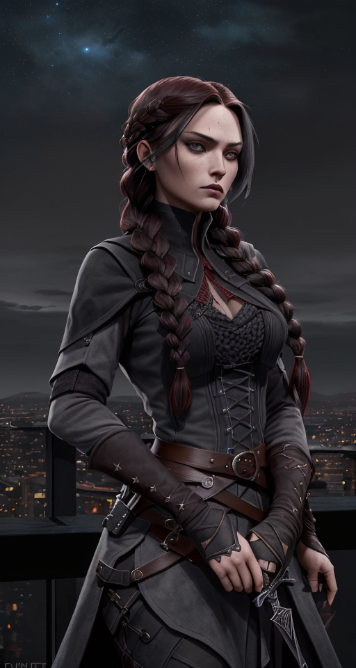 Portrait of A (((female assassin))) with long, dark red hair tied into a (((single braid))), and piercing, (((dark grey eyes))), dressed in shades of midnight black semi-fantasy clothing, poised atop a (tall building) in a fabled, urban fantasy realm under a starry night sky, with a sharp dagger in her hands. , Assassin, (((Dark and moody color palette))), Dark color palette, Gently blended oil paint with high details, 8k wallpaper, Pretty woman
