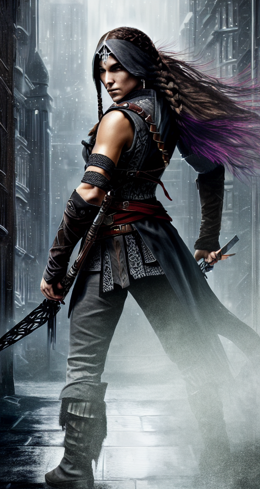 A (((female assassin))) with long, dark red hair tied into a (((single braid))), and piercing, (((dark grey eyes))), dressed in shades of midnight black semi-fantasy clothing, poised atop a (tall building) in a fabled, urban fantasy realm under a starry night sky, with a sharp dagger in her hands. , Assassin, (((Dark and moody color palette))), Dark color palette, Gently blended oil paint with high details, 8k wallpaper, Pretty woman