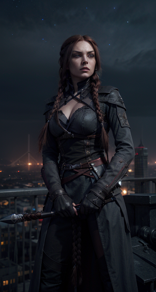 A (((female assassin))) with long, dark red hair tied into a (((single braid))), and piercing, (((dark grey eyes))), dressed in shades of midnight black semi-fantasy clothing, poised atop a (tall building) in a fabled, urban fantasy realm under a starry night sky, with a sharp dagger in her hands. , Assassin, (((Dark and moody color palette))), 8k wallpaper, Pretty woman
