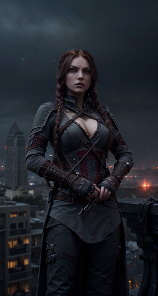 A (((female assassin))) with long, dark red hair tied into a (((single braid))), and piercing, (((dark grey eyes))), dressed in shades of midnight black semi-fantasy clothing, poised atop a (tall building) in a fabled, urban fantasy realm under a starry night sky, with a sharp dagger in her hands. , Assassin, (((Dark and moody color palette))), 8k wallpaper, Pretty woman