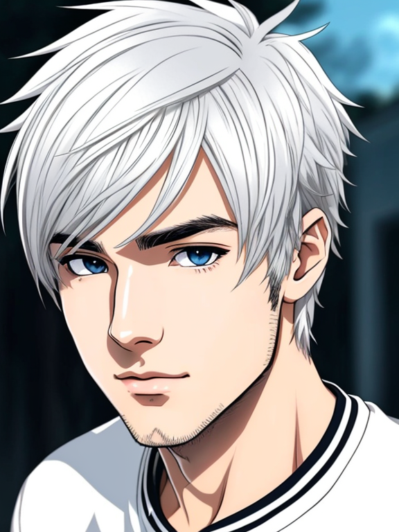 Personagem de anime masculino com cabelos brancos e olhos