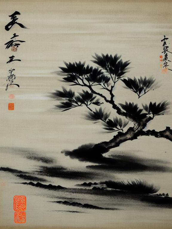 muted chinese ink painting scroll, muted colors, rice paper